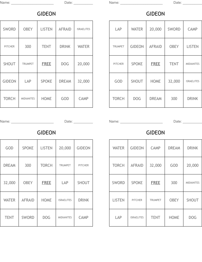 GIDEON Bingo Cards