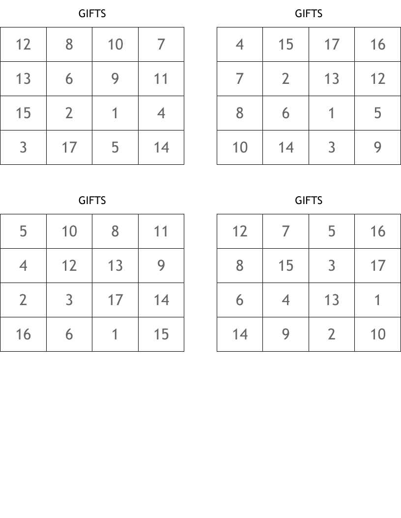 GIFTS Bingo Cards