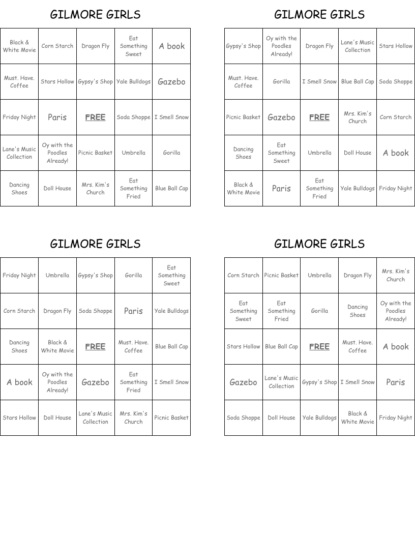 GILMORE GIRLS Bingo Cards