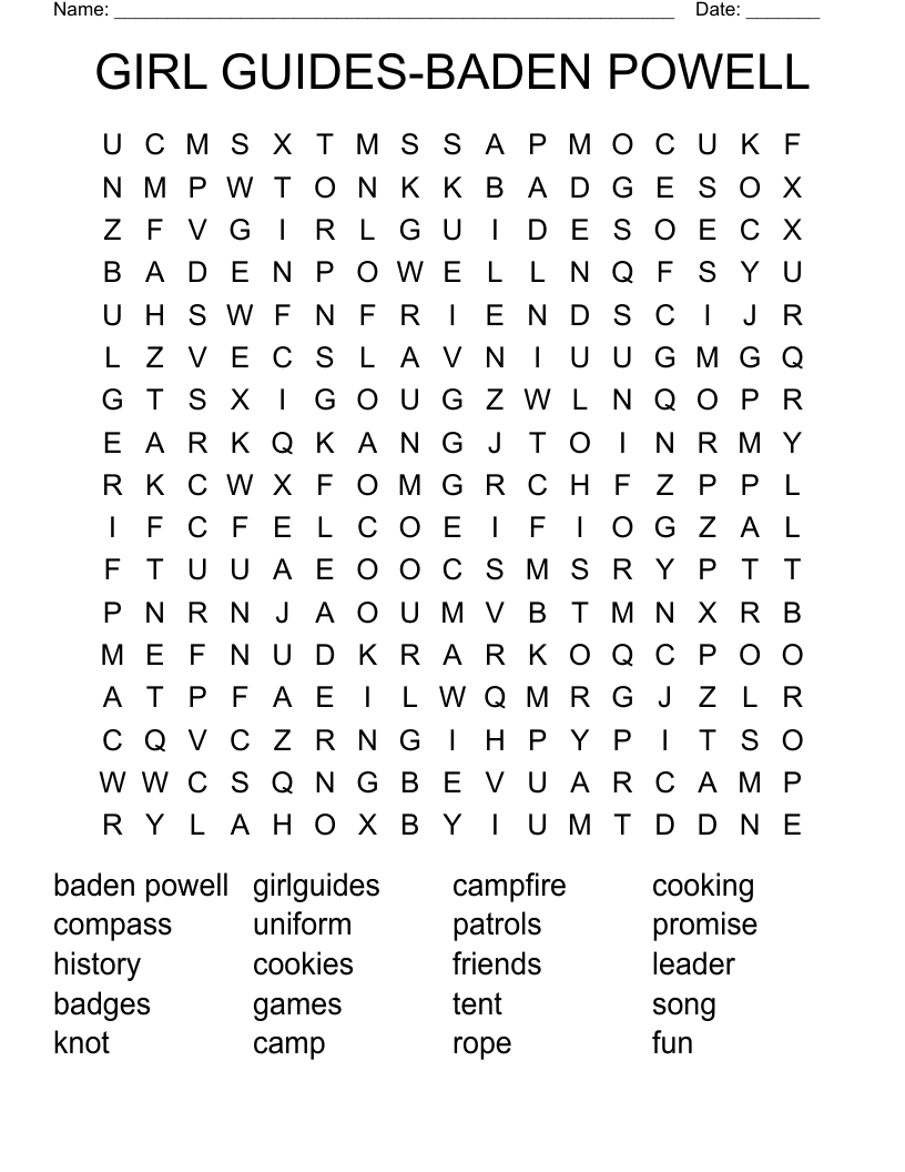 GIRL GUIDES-BADEN POWELL Word Search