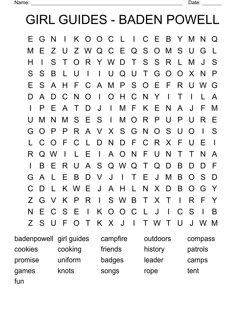 GIRL GUIDES - BADEN POWELL Word Search