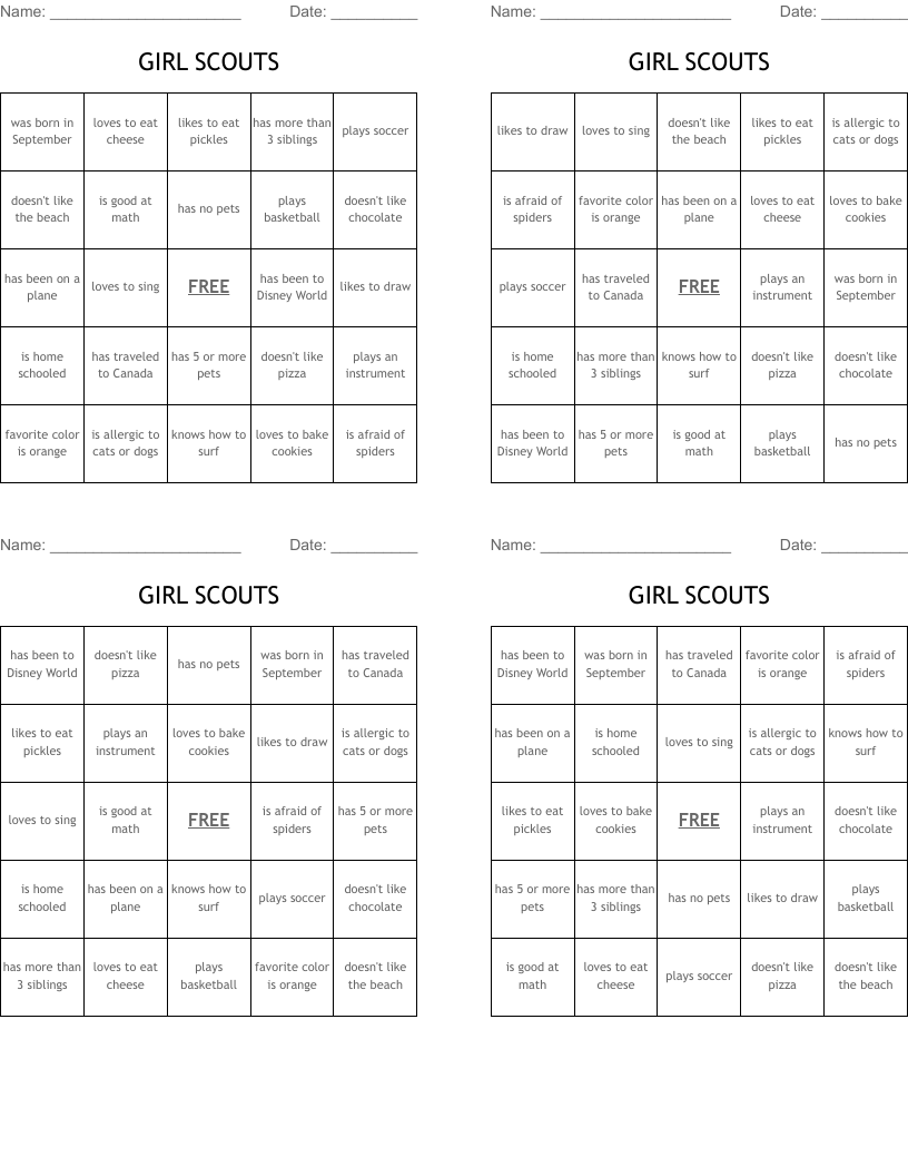 GIRL SCOUTS Bingo Cards