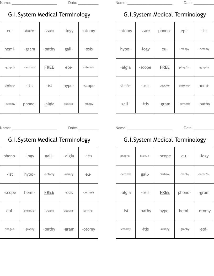 G.I.System Medical Terminology Bingo Cards