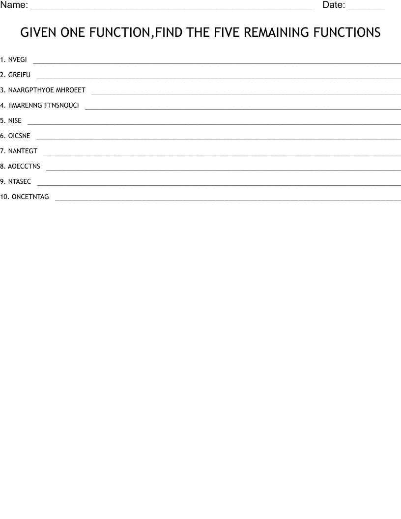 GIVEN ONE FUNCTION,FIND THE FIVE REMAINING FUNCTIONS Word Scramble
