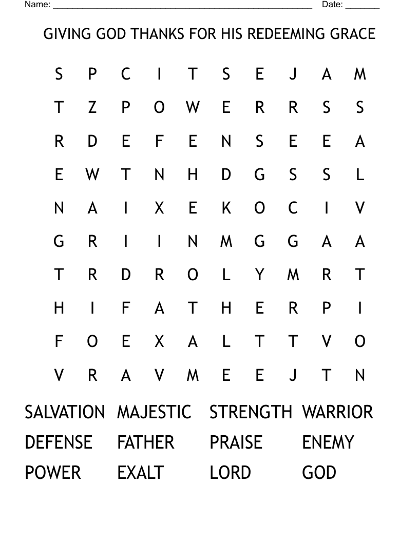 GIVING GOD THANKS FOR HIS REDEEMING GRACE Word Search