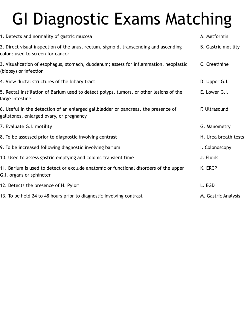 GI Diagnostic Exams Matching Worksheet