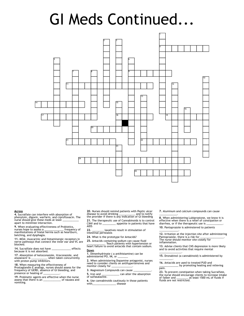 GI Meds Continued... Crossword