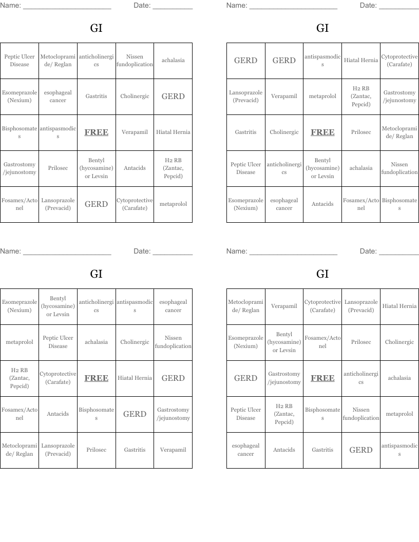 GI  Bingo Cards