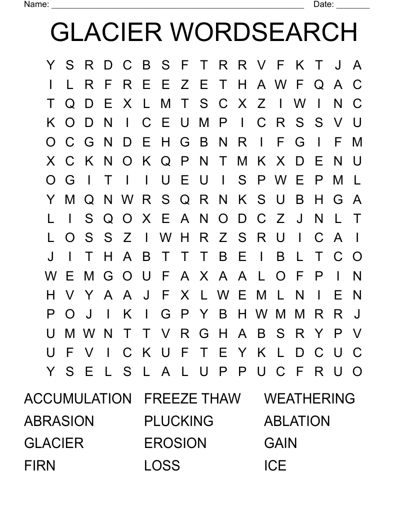 GLACIER WORDSEARCH