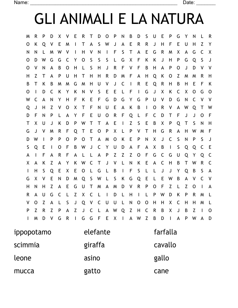 GLI ANIMALI E LA NATURA  Word Search