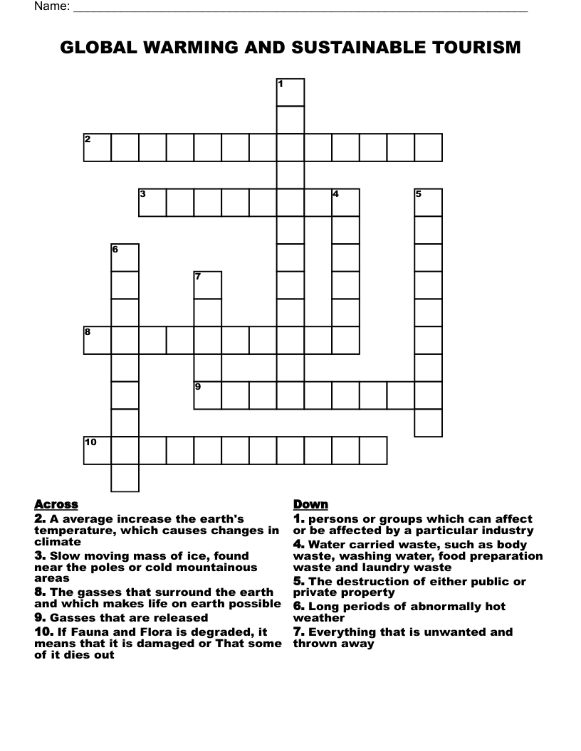 GLOBAL WARMING AND SUSTAINABLE TOURISM Crossword
