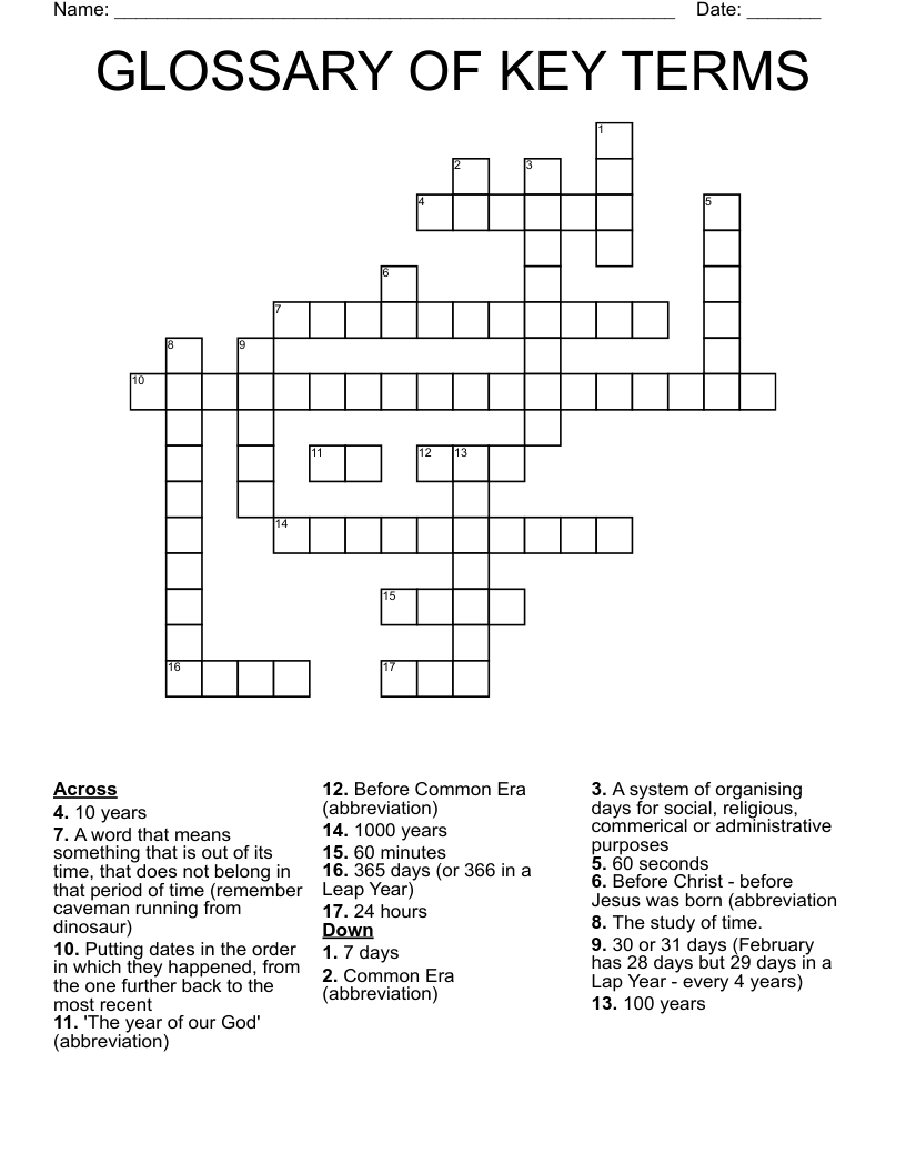 GLOSSARY OF KEY TERMS Crossword