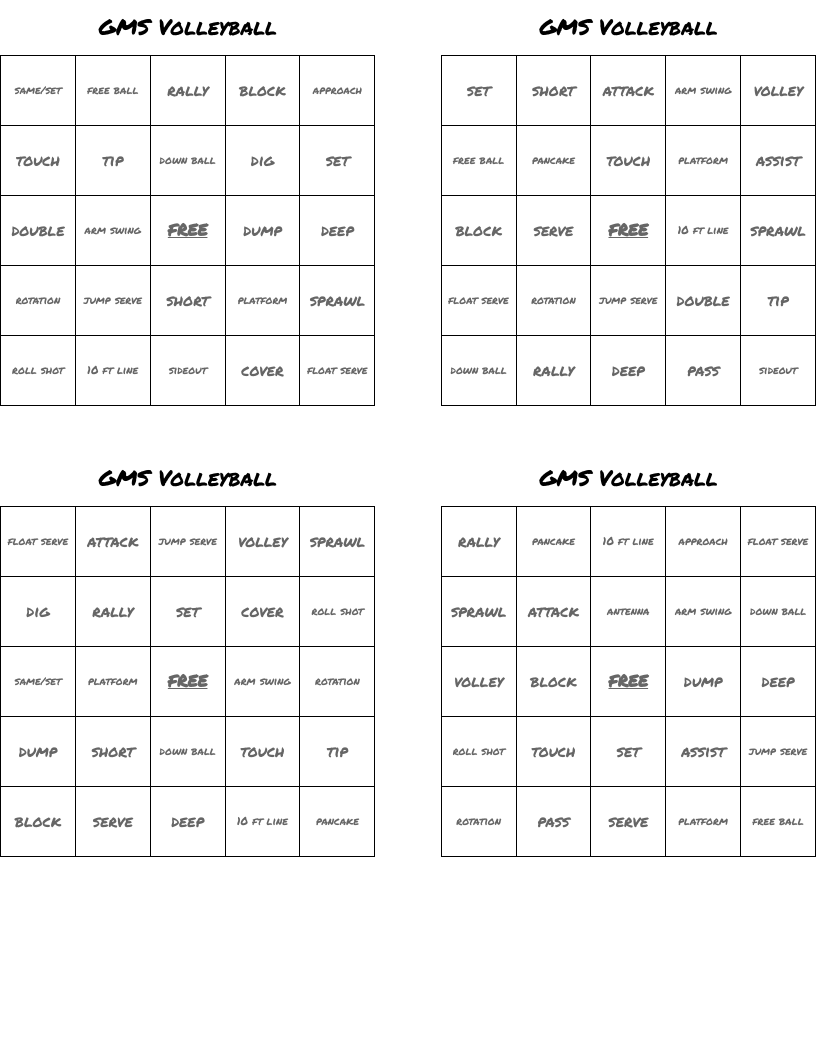 GMS Volleyball Bingo Cards