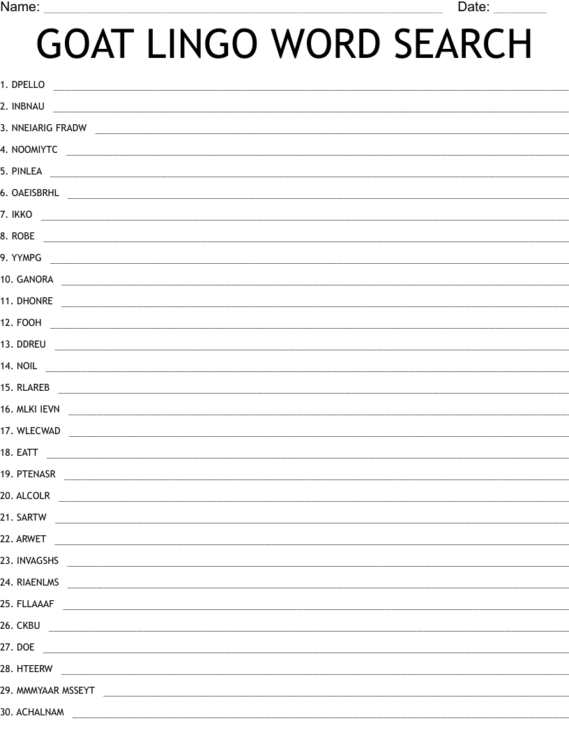 GOAT LINGO WORD SEARCH Word Scramble