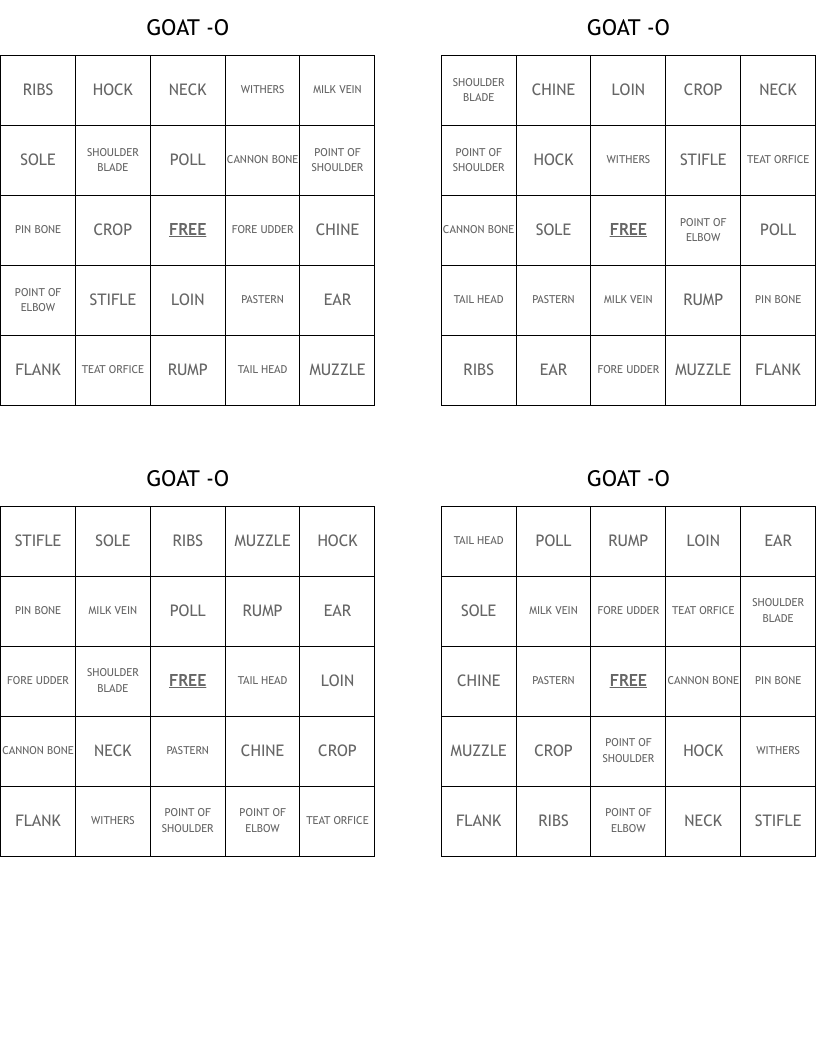 GOAT -O Bingo Cards