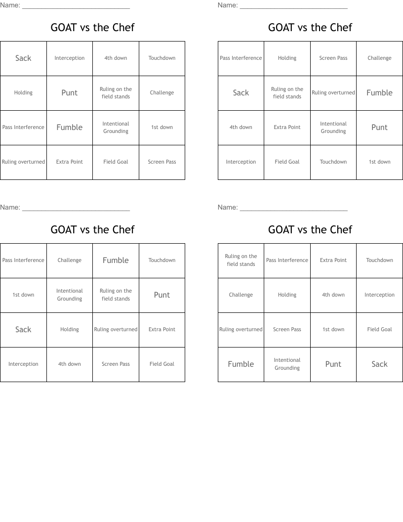 GOAT vs the Chef Bingo Cards