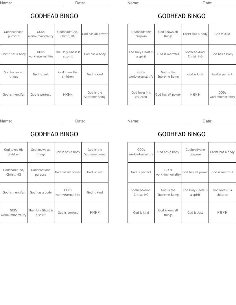 GODHEAD BINGO