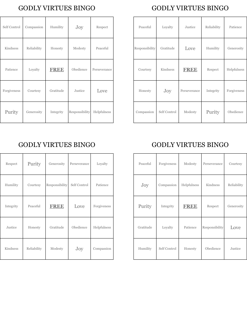 GODLY VIRTUES BINGO
