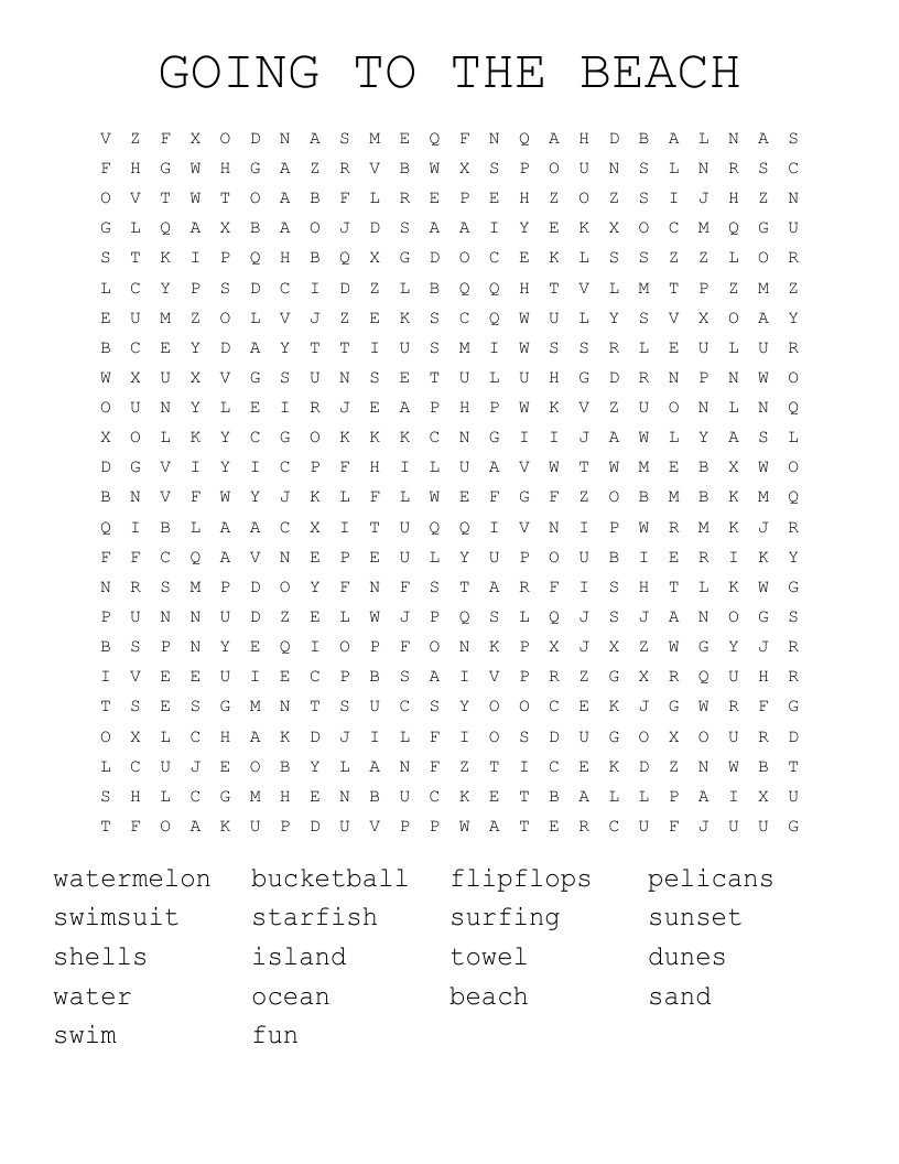 GOING TO THE BEACH     Word Search
