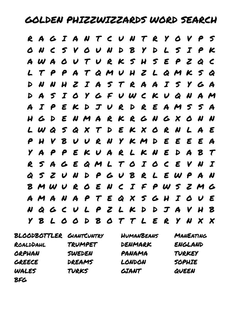 GOLDEN PHIZZWIZZARDS WORD SEARCH