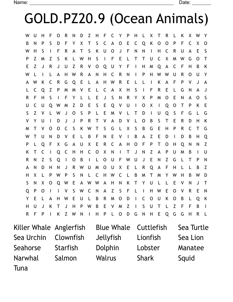 GOLD.PZ20.9 (Ocean Animals) Word Search