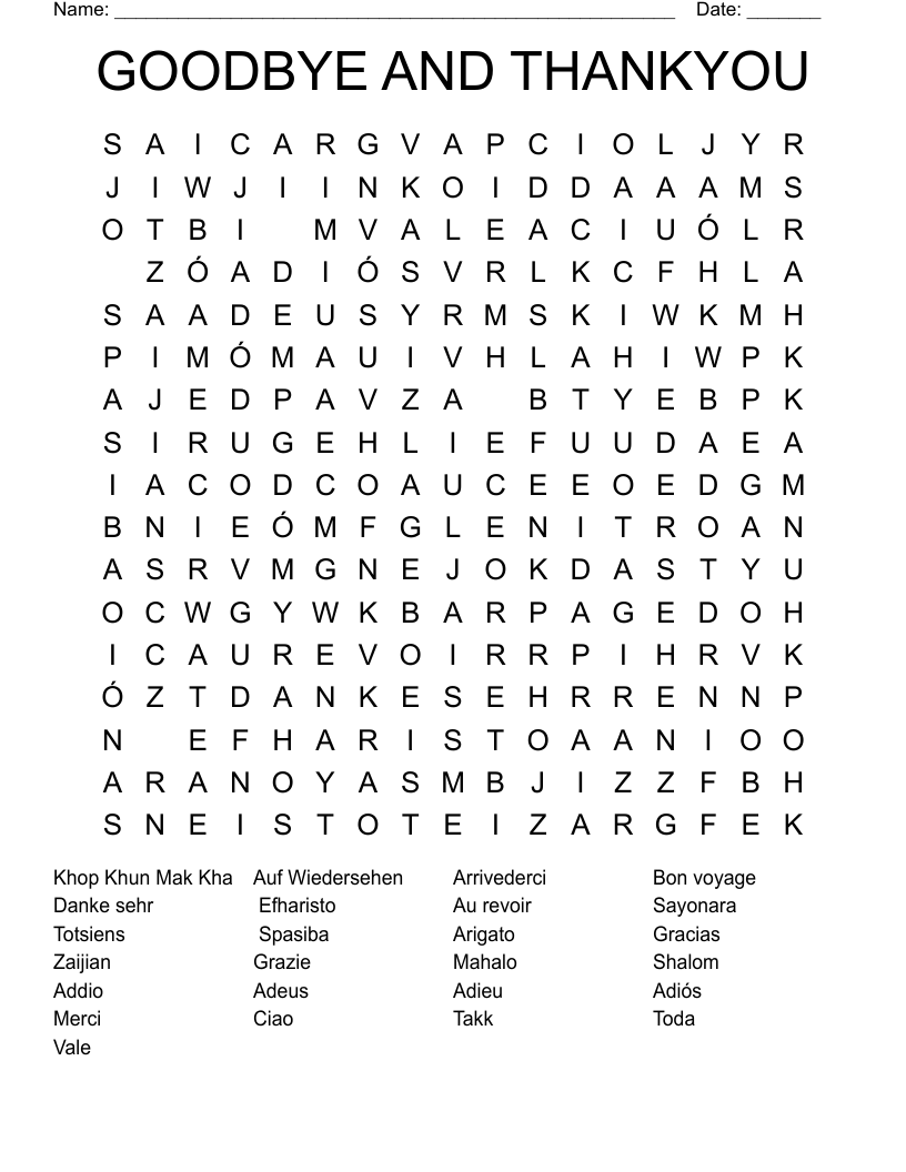 GOODBYE AND THANKYOU Word Search