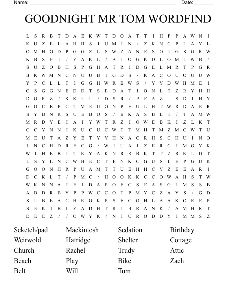 GOODNIGHT MR TOM WORDFIND Word Search