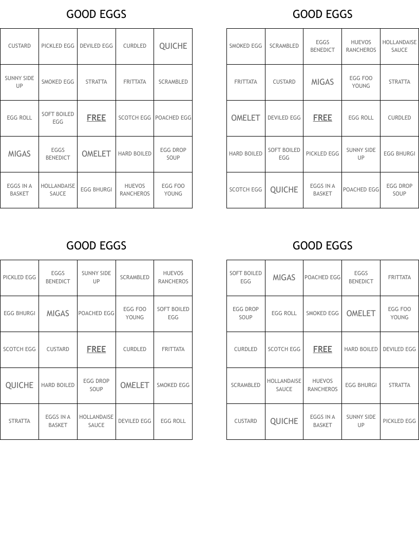 GOOD EGGS Bingo Cards