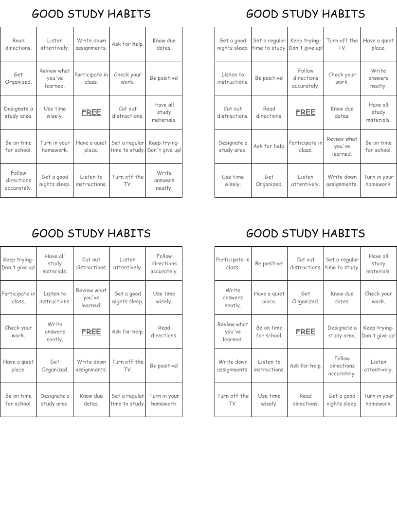 GOOD STUDY HABITS Bingo Cards