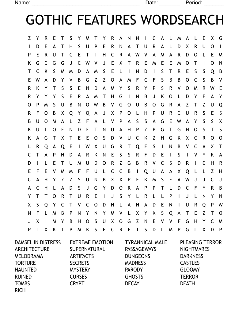 GOTHIC FEATURES WORDSEARCH