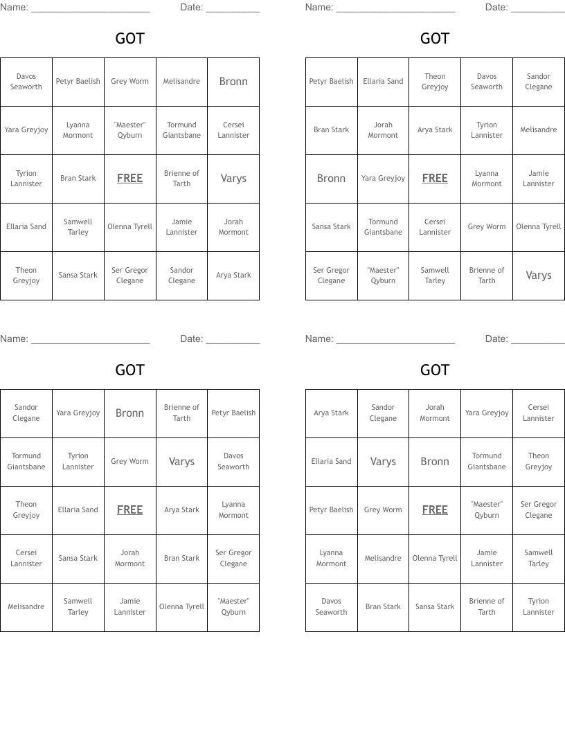 GOT Bingo Cards