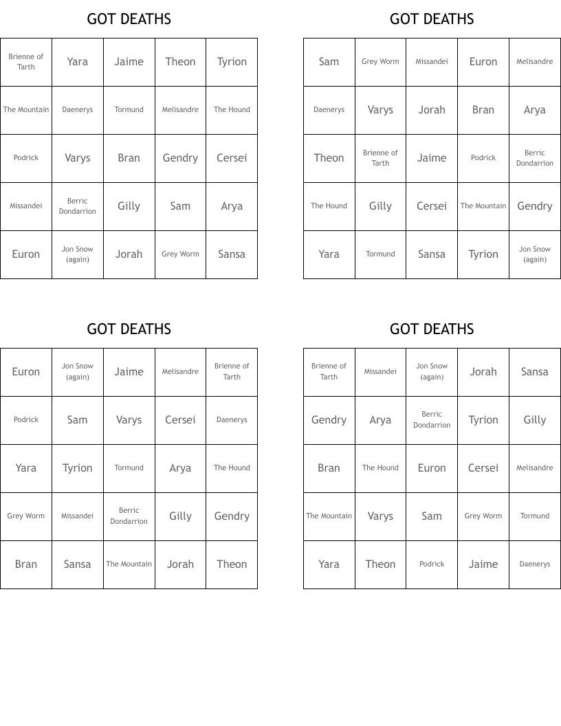 GOT DEATHS Bingo Cards