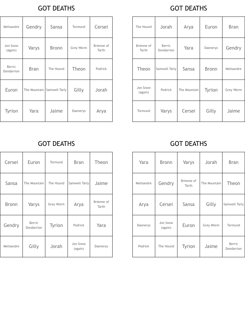 GOT DEATHS Bingo Cards