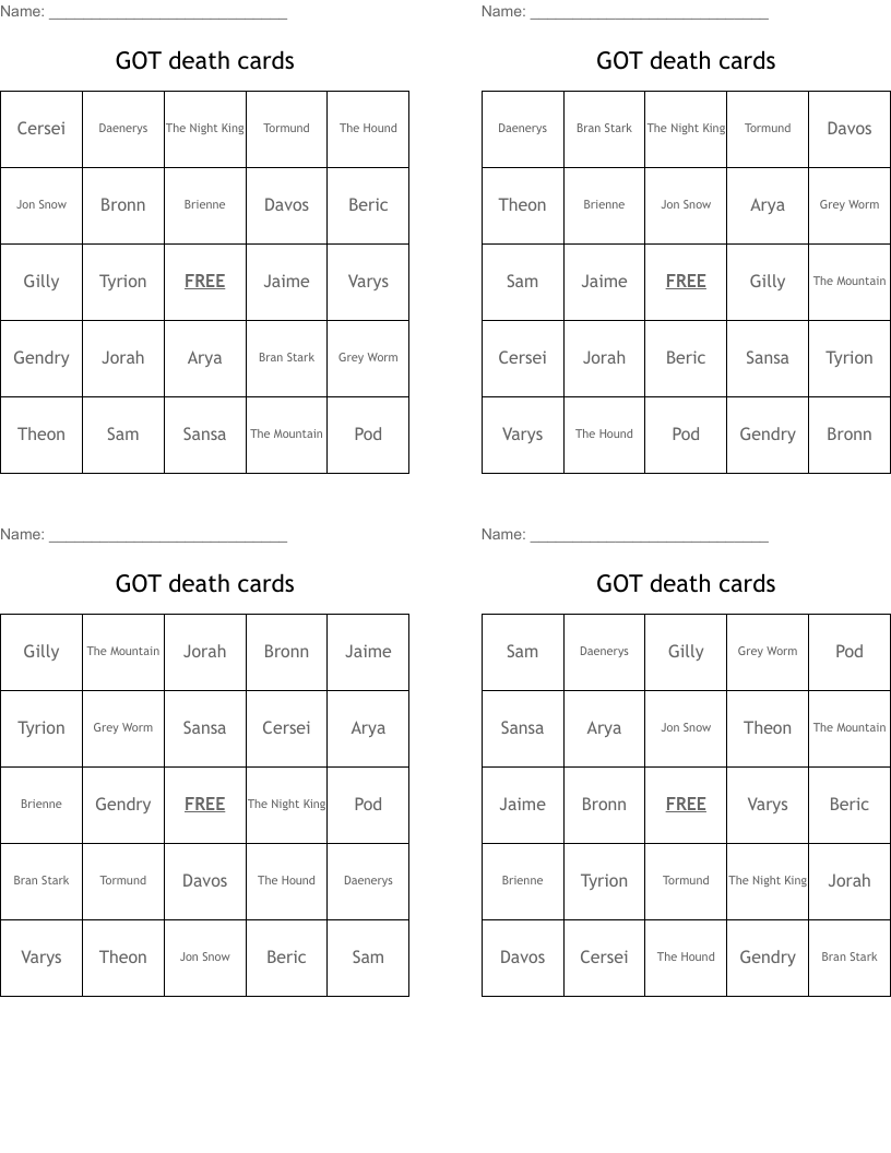 GOT death cards Bingo Cards