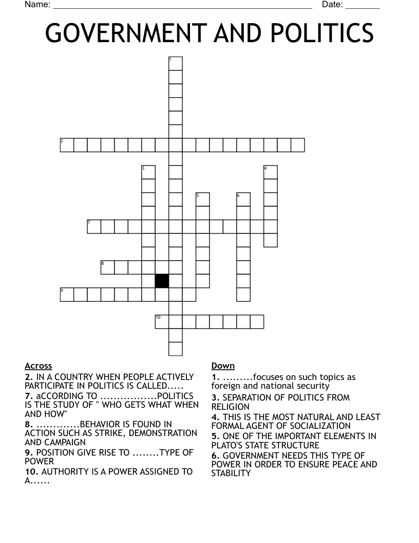 GOVERNMENT AND POLITICS Crossword