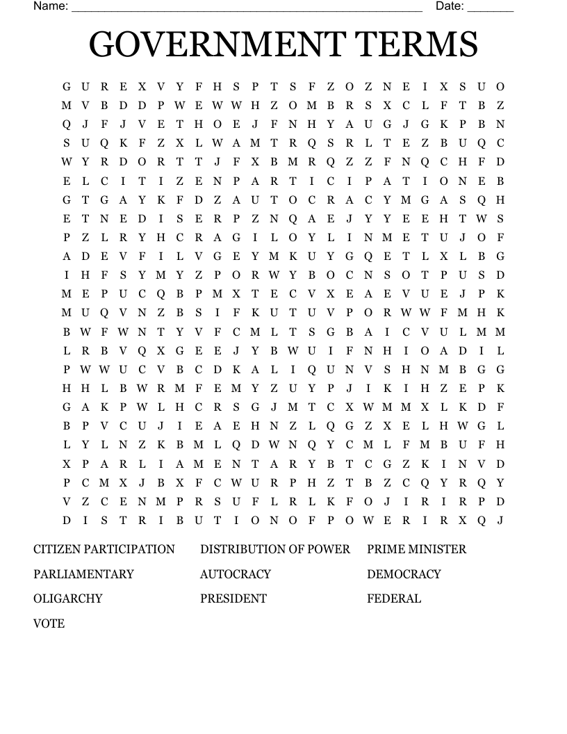 GOVERNMENT TERMS Word Search
