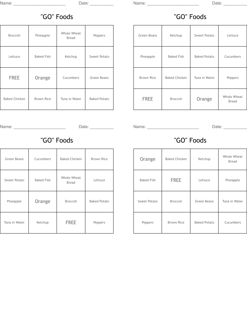 "GO" Foods Bingo Cards