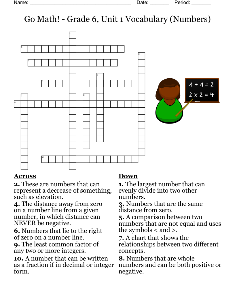 Go Math! - Grade 6, Unit 1 Vocabulary (Numbers) Crossword