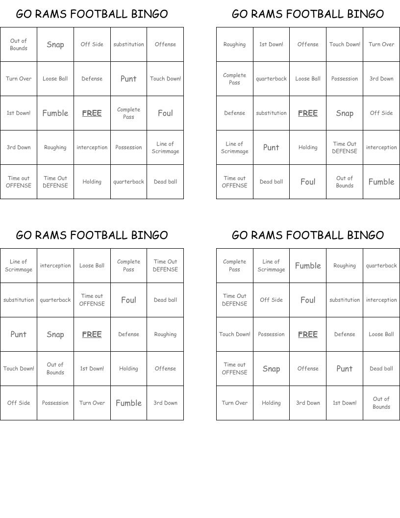 GO RAMS FOOTBALL BINGO