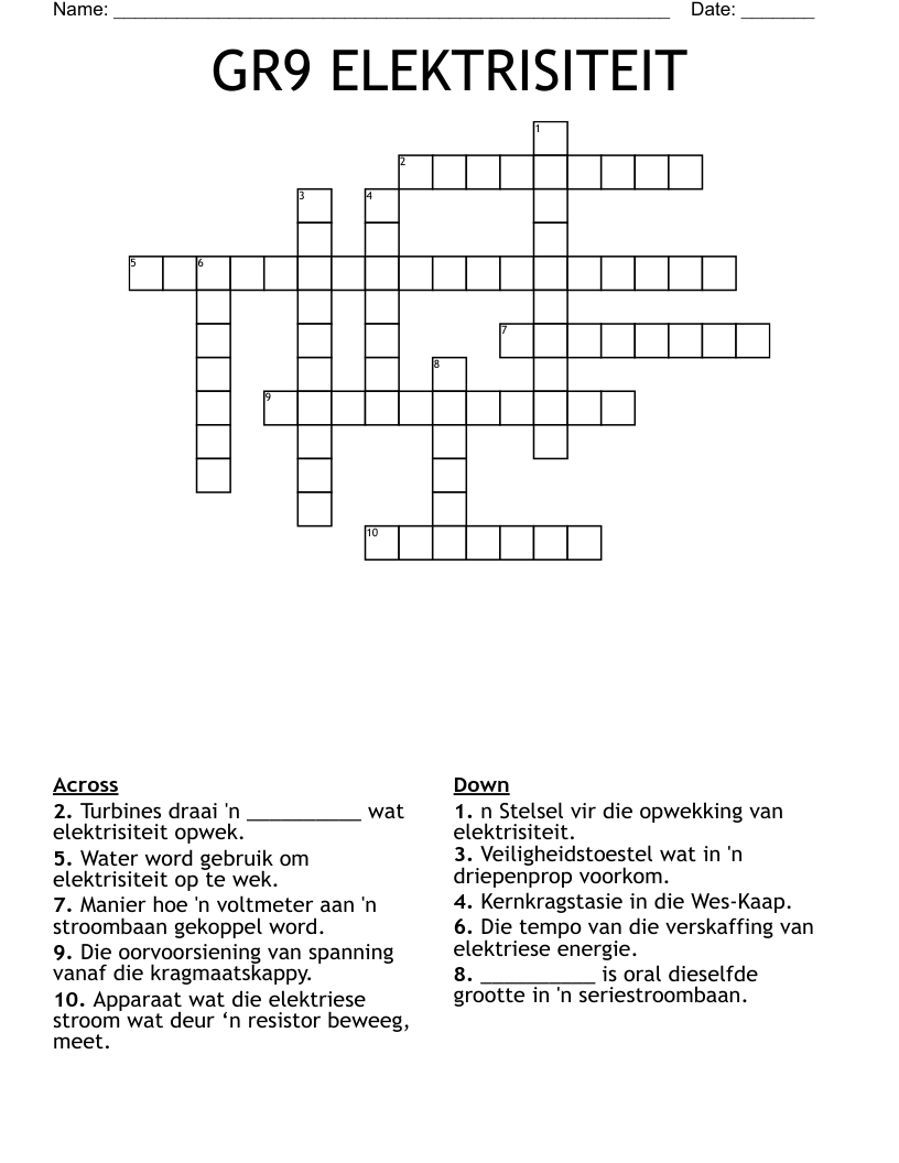 GR9 ELEKTRISITEIT Crossword