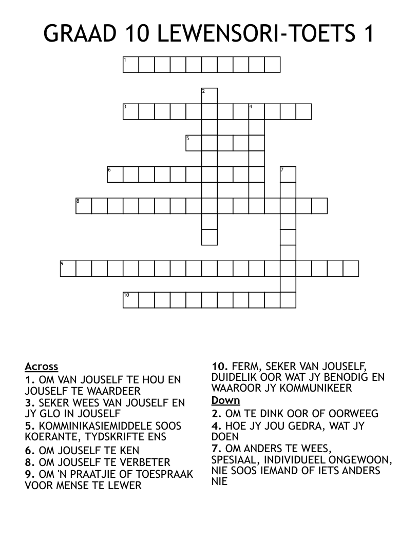 GRAAD 10 LEWENSORI-TOETS 1 Crossword
