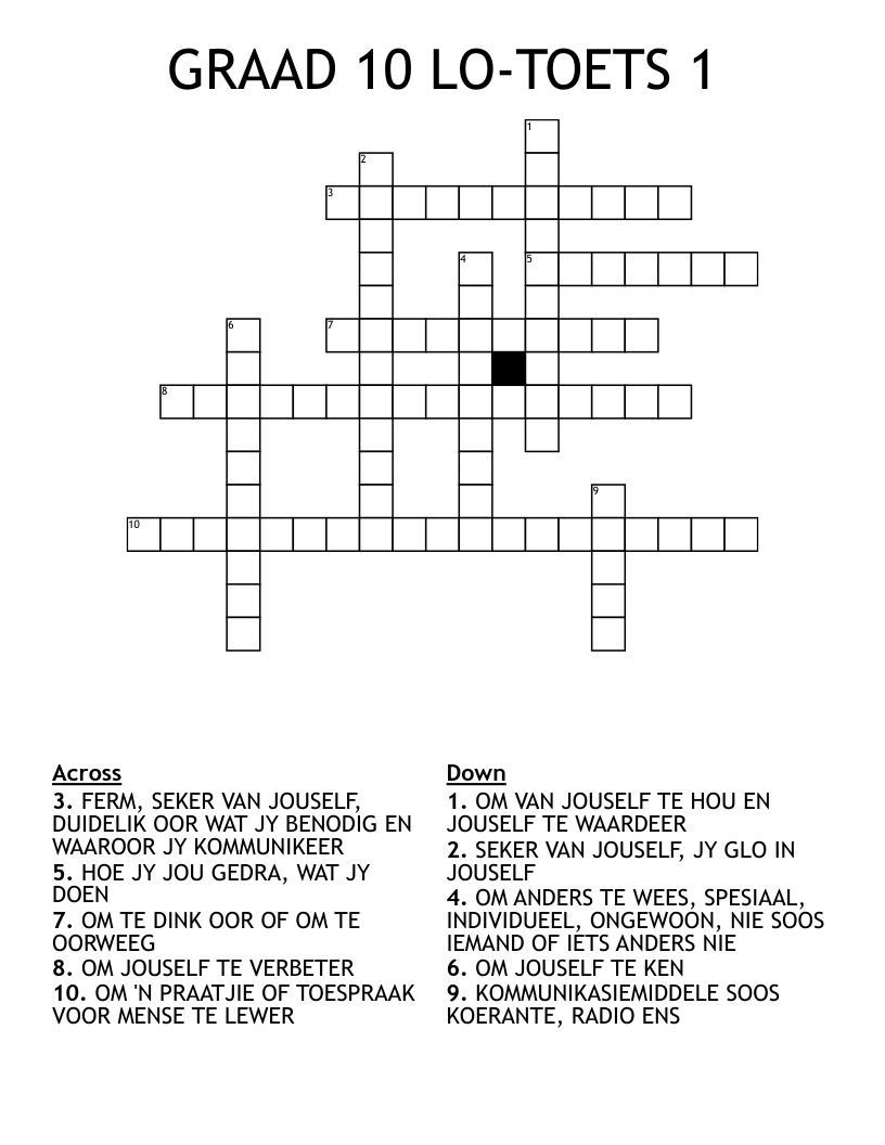 GRAAD 10 LO-TOETS 1 Crossword