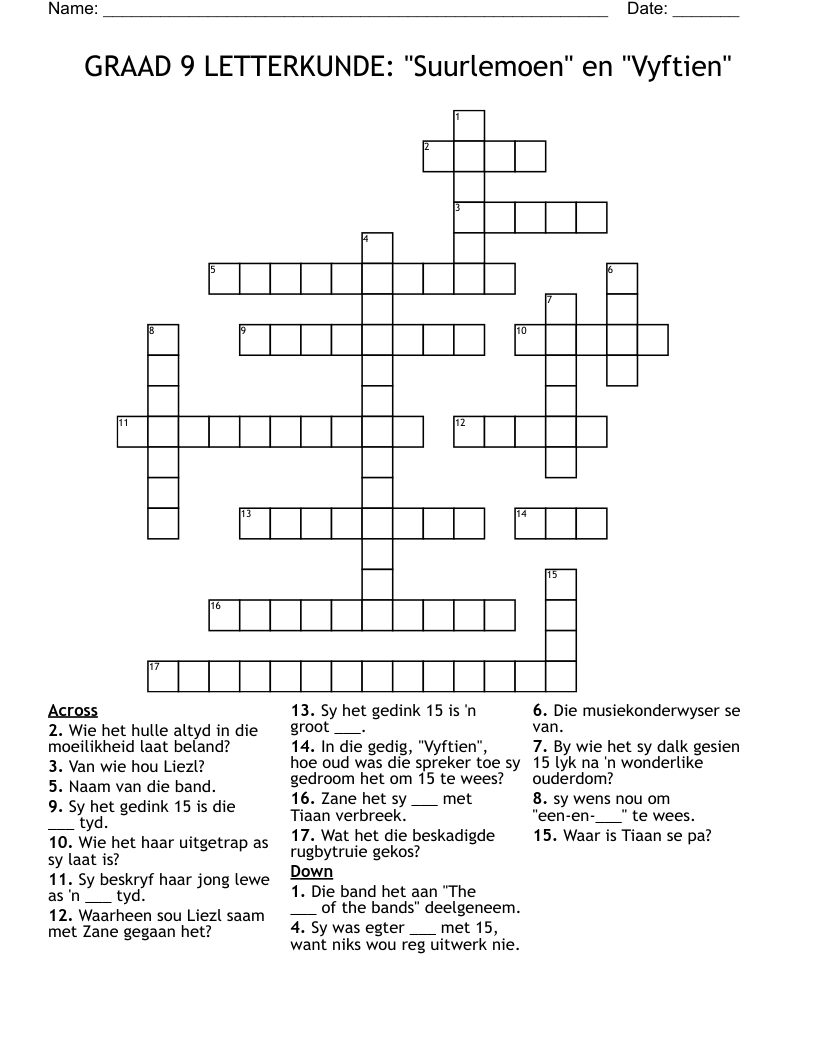 GRAAD 9 LETTERKUNDE: "Suurlemoen" en "Vyftien" Crossword