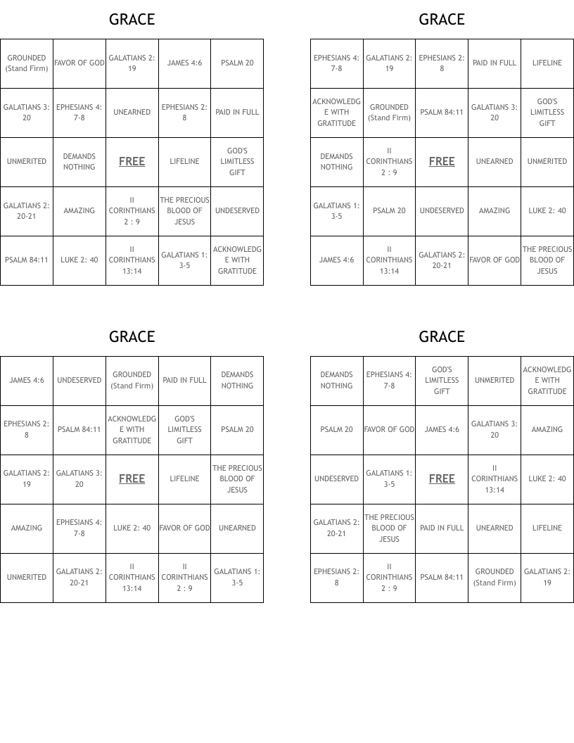 GRACE Bingo Cards