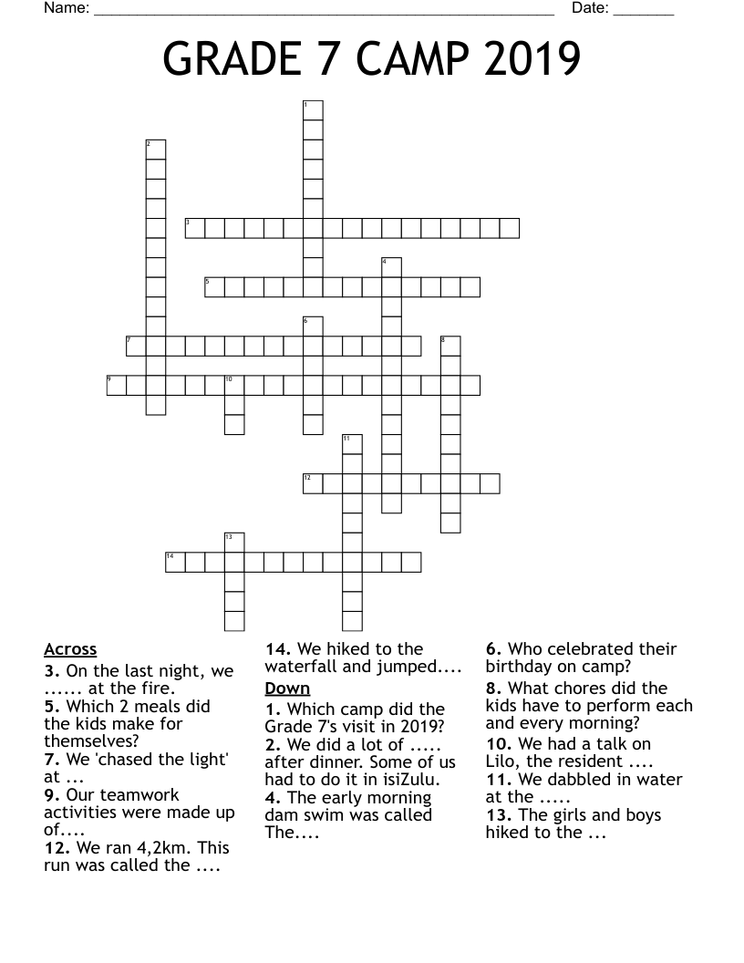 GRADE 7 CAMP 2019 Crossword