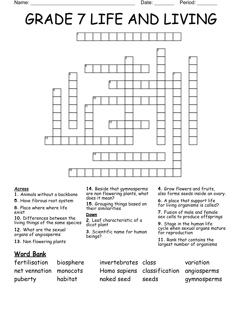 GRADE 7 LIFE AND LIVING Crossword