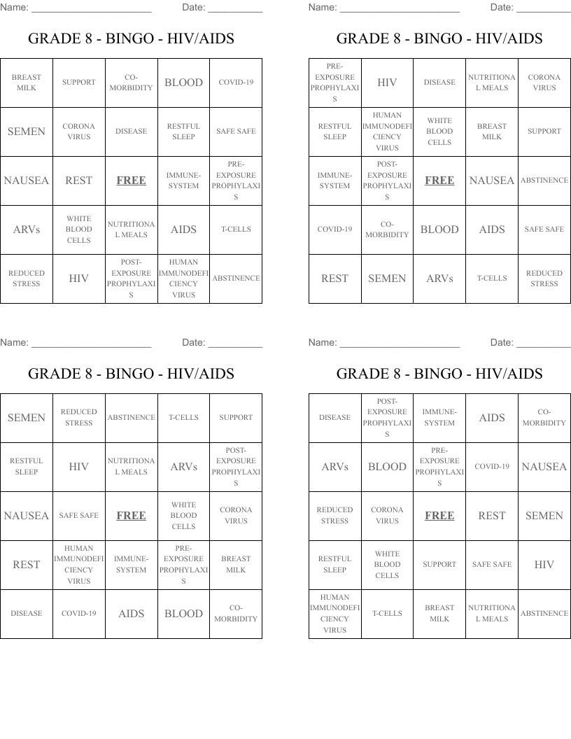 GRADE 8 - BINGO - HIV/AIDS