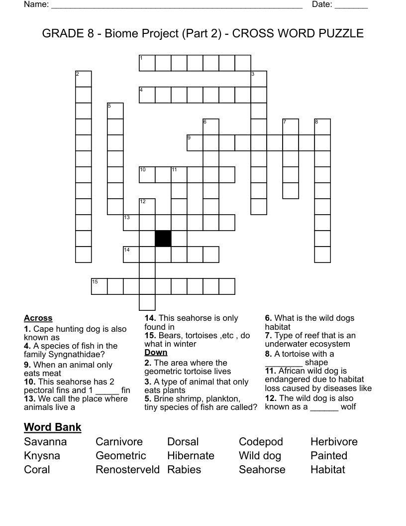 GRADE 8 - Biome Project (Part 2) - CROSS WORD PUZZLE