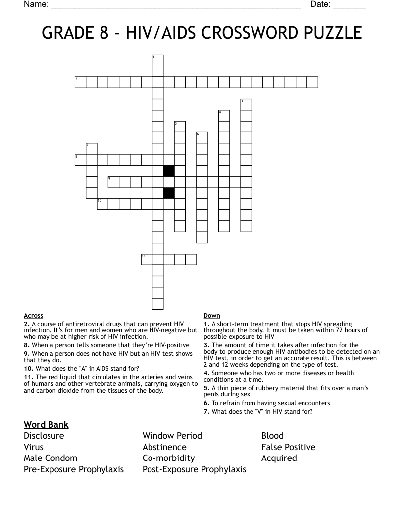 GRADE 8 - HIV/AIDS CROSSWORD PUZZLE