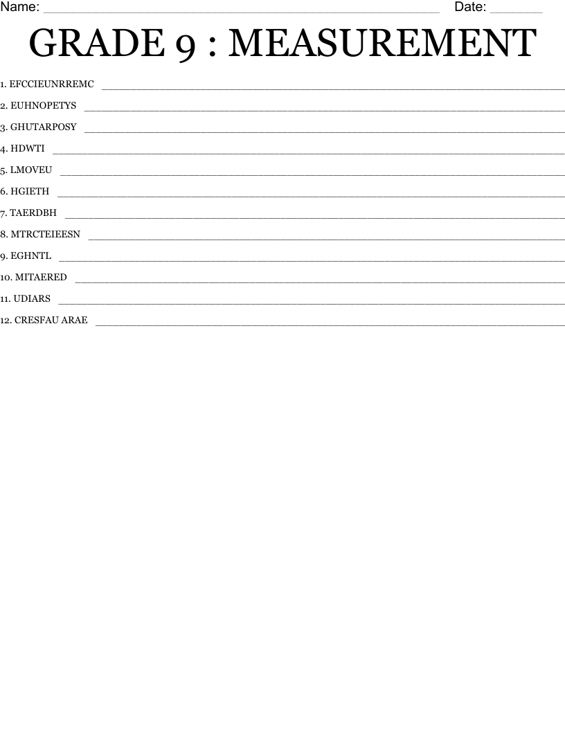 GRADE 9 : MEASUREMENT Word Scramble